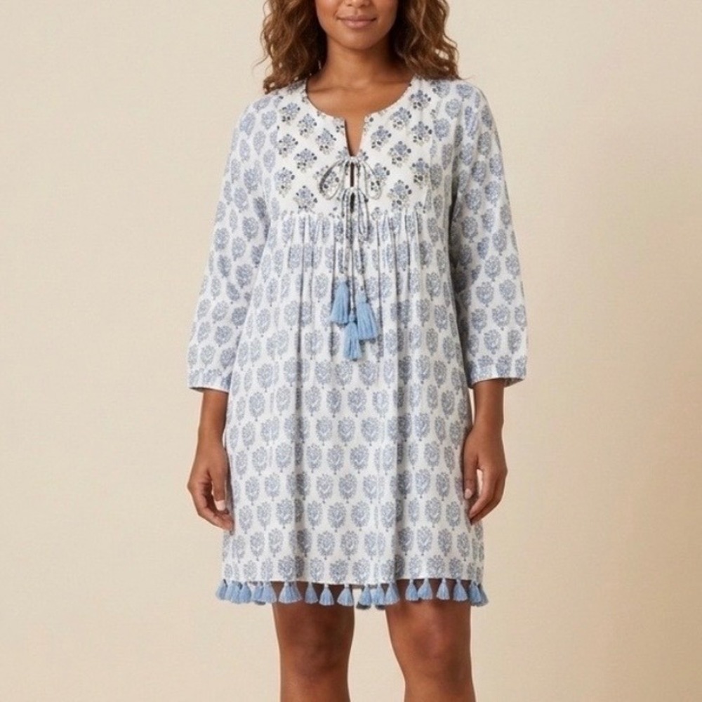 Ro's Garden Blue White Block Print Cotton Tassel Tunic Boho Dress Size Medium
